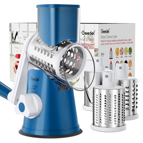 Geedel Rotary Cheese Grater, Kitchen Mandoline Vegetable Slicer with 3 Interchangeable Blades, Easy to Clean Rotary Grater Slicer for Fruit, Vegetables, Nuts