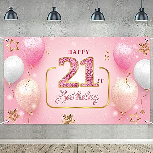 Happy 21st Birthday Banner for Her, Glitter Pink Diamond Birthday Poster Background for Anniversary Photo Booth Background, Birthday Party Decoration