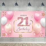 Happy 21st Birthday Banner for Her, Glitter Pink Diamond Birthday Poster Background for Anniversary