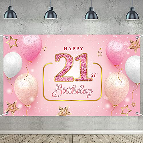 Happy 21St Birthday Banner For Her, Glitter Pink Diamond Birthday Poster Background For Anniversary Photo Booth Background, Birthday Party Decoration #TOP2