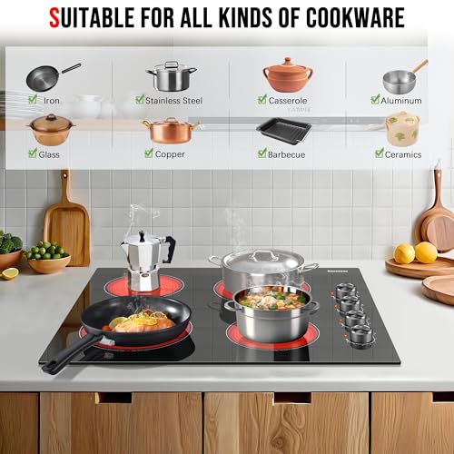 Image of Karinear 24 Inch Electric Cooktop 4 Burners Electric Stove, Knob Control | 6000W High Power Radiant Ceramic Cooktop, Built-in Design, 220-240V Hardwire, No Plug, Overheat Protection(Silver Knob)