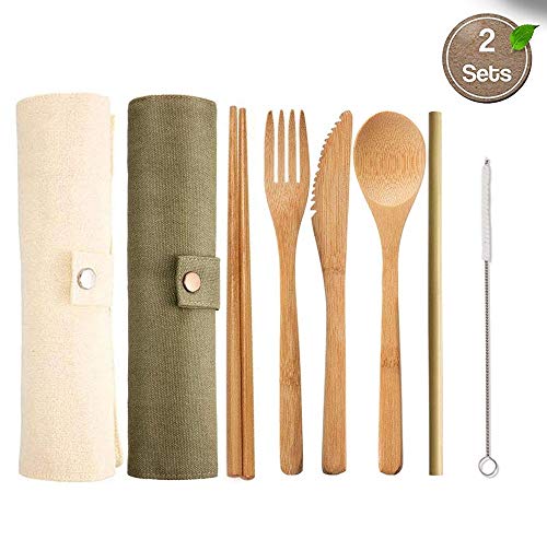 AOSEA 2 Set Bamboo Cutlery, Reusable Flatware Set Travel Utensils Include Knife, Fork, Spoon, Chopsticks, Reusable Straw for Travel Picnic Office School (Green+ Beige)