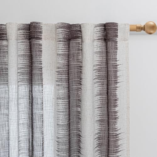 Image of MYSKY HOME Bedroom Curtains Linen Textured Semi Sheer Curtains 63 Inch Length, Lines Printed Curtains & Drapes, Soft Light Filtering Privacy Protect, 50 inch x 63 inch, Lines /Brown, 2 Panels