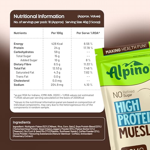 Image of ALPINO High Protein Super Muesli Cold Coffee 400g - Multigrain Flakes & Rolled Oats, Soya Protein, Nuts & Seeds, Coffee Extract - 24% Protein, Source of Dietary Fibre & Healthy Fats