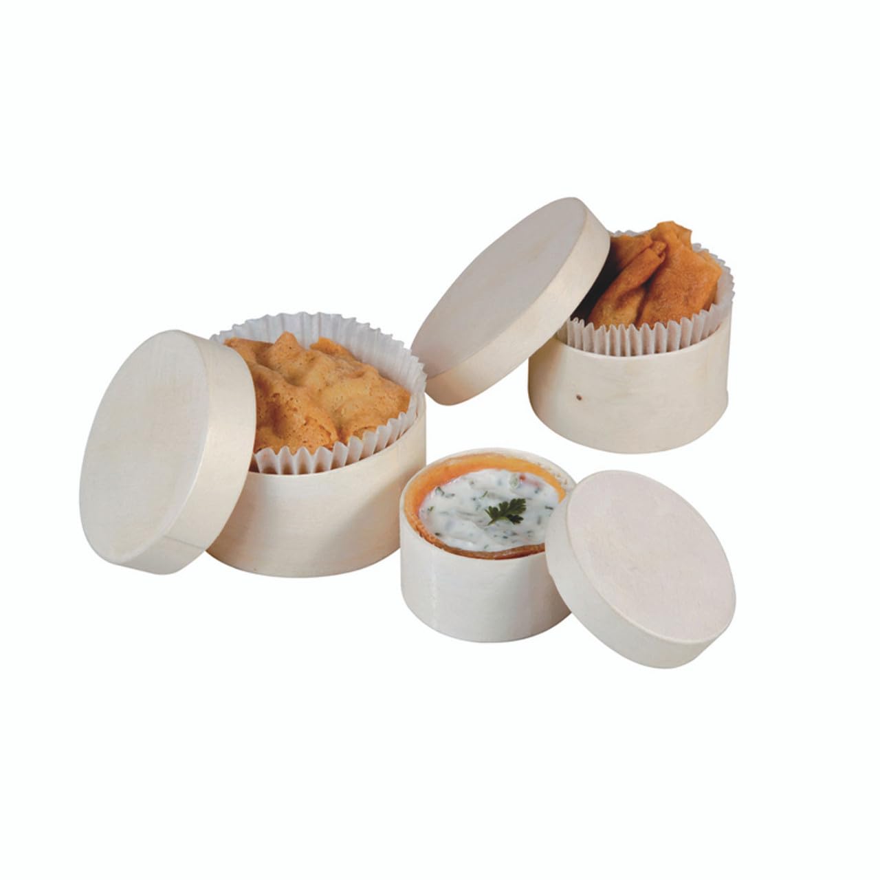 PacknWood 3 Round Wooden Cup Kit | Unfinished Wood Cup Kit with Lid | Portable Baking & Packaging Cup Kits for Cup Cake, Salad, Sauce & Mayoneez - 2.5x1.3in 2.3x1.1in 1.9x1in - 96 Pcs