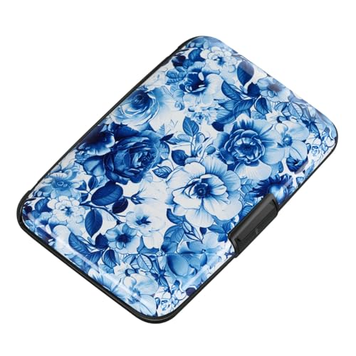 ELFISH RFID Blocking Credit Cards Holder Aluminum Wallet Metal ID Case for Men Women(Blue and White Peony)