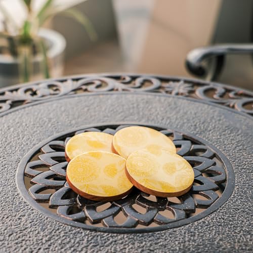 Image of Ireka Home Golden Bloom Coaster Set | Pack of 4 | Acacia Wood with Yellow Floral Enamel, Coffee Table Decor, Modern Cup Coaster for Kitchen, Coffee Cups, Mugs & Glasses