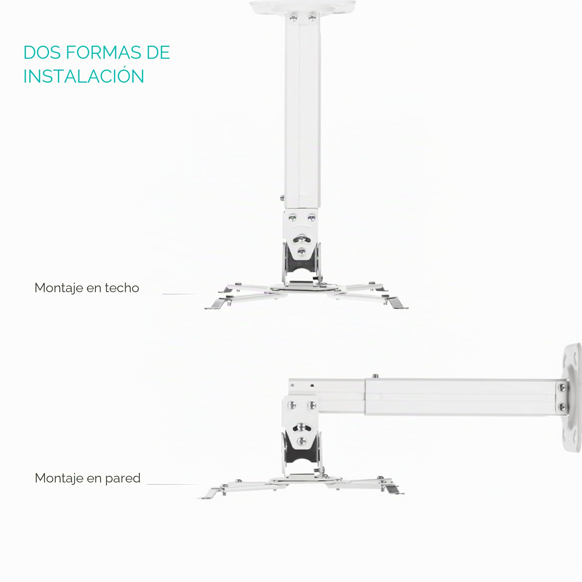 ONKRON Soporte para Proyector de Techo/Pared, 10 kg, K5A-W | Brazo proyector blanco, altura ajustable, giratorio 30°, inclinable, extensible, pasacables; para cine en casa y oficina