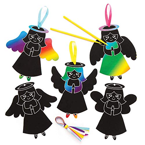 Baker Ross AR725 Angel Scratch Art Decorations - Pack of 10, Christmas Rainbow Scratch Paper with Stylus for Kids to Decorate in Arts and Crafts Activities