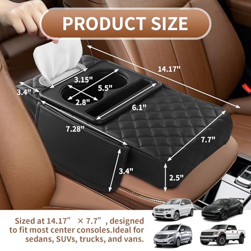 Image of 5-in-1 Car Armrest Cushion, Multifunctional Faux Leather Center Console Armrest Pillow Elbow, Universal Arm Box Pad Cover with Cup Holder, Phone Slot, Tissue Box Slot & 2 Storage Bags, Black
