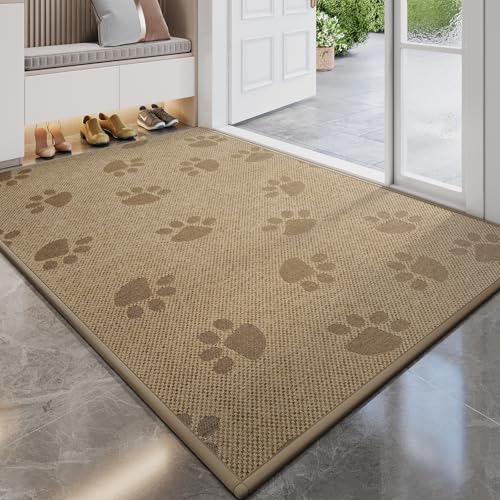 Image of YDKGL Door Mat Indoor Entrance 17 inchx30 inch, 0.16 inch Thin Paw Print Low Pile Doormat, Non Slip Welcome Mat, Trap Dirt and Moisture, Easy Clean, Brown