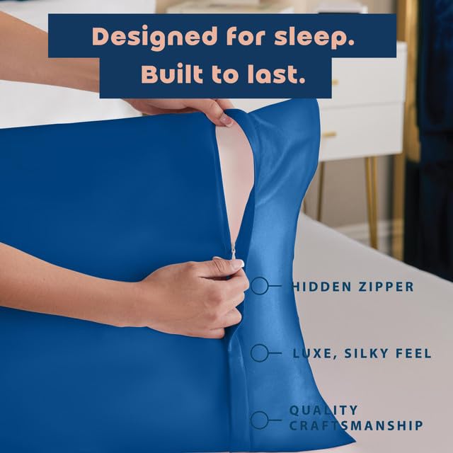 Image of BLISSFORD Royal Blue Satin Pillowcase with Zipper, for Hair and Skin Care, Feels Soft and Cool Like a Silk Pillowcase, Satin Pillow Cases 2 Pack, Slik Pillow Cover, King Size - Set of 2