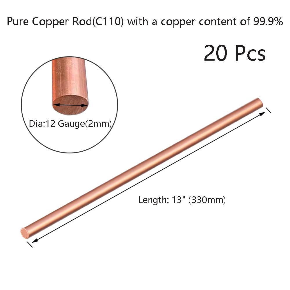 Lot de 20 tiges rondes en cuivre pur de 2 mm de diamètre, 33 cm de long, tiges en cuivre nu pour loisirs créatifs en métal (calibre 12)