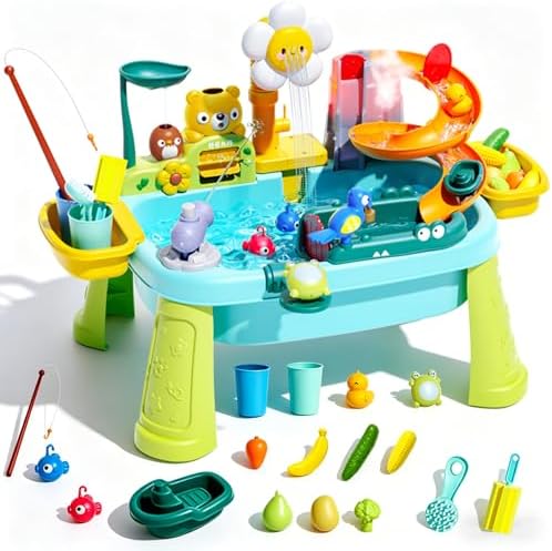 2027 Upgraded Blue Stand Water Table for Toddlers 1-3 – Outdoor Toys for Kids Ages 3-8 with Pump, Summer Outside Sensory Activity Pool Toys, Kitchen Play Sink Toy with Running Water, Fishing Toy