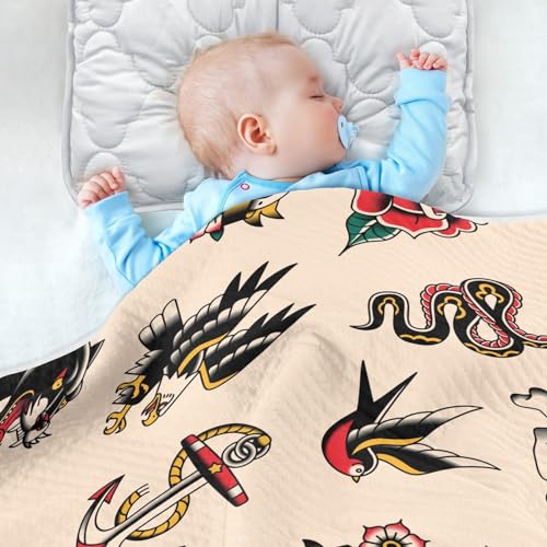 Image of Old School Tattoo Baby Blanket Cotton Cozy Throw Blanket Warm Nursery Swaddle Receiving Toddler Blankets 30 inch x 40