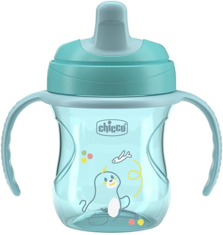Chicco Training Cup, Drip Free Plastic Training Cup for a Child, Learning to Drink, Ergonomic Semi-Soft Spout, Valve and Removable Handles, 6+ Months, BPA Free, Azure