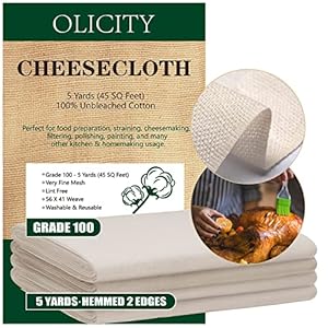 Olicity Cheesecloth, Grade 100, 45 Sq Feet, Reusable Cheese Cloth Ultra Fine Cheese Cloths for Straining, Unbleached Butter Muslin Cloth for Cooking, Cold Brew Coffee, Halloween Decorations – 5 Yards