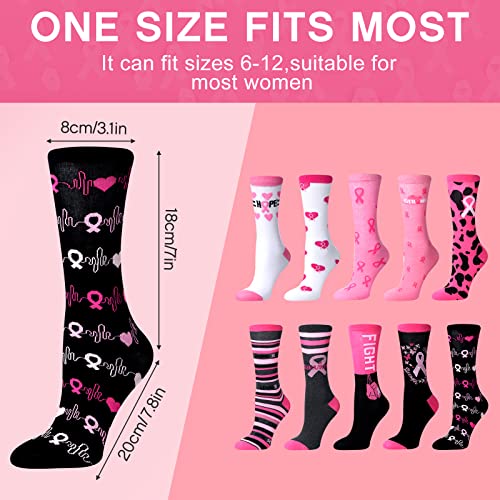 10 Pairs Breast Cancer Awareness Pink Ribbon Crew Socks for Women, Pink Ribbon Sports Socks for Cancer Gifts2