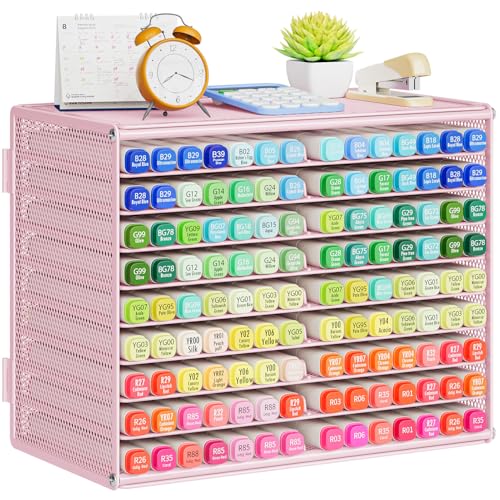 Marbrasse Mesh Marker Organizer Metal Desktop Storage Rack for 126 Markers Pens Pencils 9 Tier Marker Holder for Office Classroom & Home Art Supplies(Pink)
