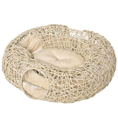PawHut Cama para Gatos de Ratán 78x69x22 cm Cesta para Gatos Rolliza con Cojín Suave 3 Orificios de Acceso Túnel para Gatos Madera Natural