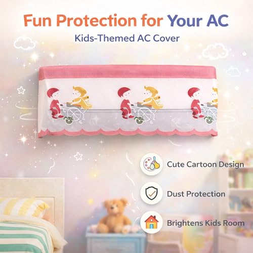 Image of Cotton Net Split AC Cover Indoor Unit for 1.5 Ton Capacity AC, Premium Work Indoor AC Dust Protection Cover Designer Summer Ac Cover for 1.5 Ton Ac (38 X 15.35 X 7.8 inch, Pink Kids)