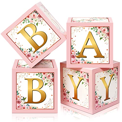Sabary Baby Boxes with Letters Rustic Floral Pink Baby Shower Backdrop Blocks Box Birthday Party Gender Reveal Photo Props for Girl Boy Shower Decorations(Sweet Baby)