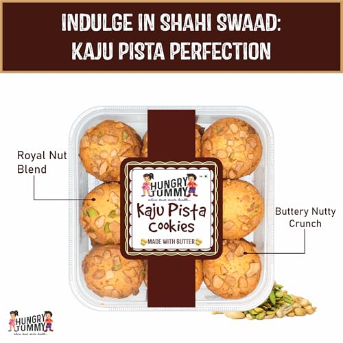 Image of Hungry Tummy Kaju Pista Cookies | Cashew Pistachio Butter Cookies | Premium Dry Fruit Biscuits | Handmade Crunchy Tea Time Cookies | Rich & Delicious Snack | (Pack of 250g)