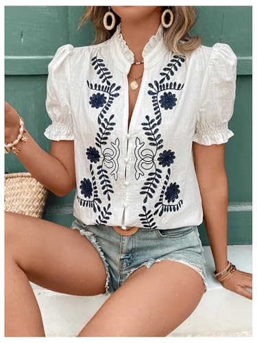 SweatyRocks Women's Puff Sleeve Floral Blouse Embroidered V Neck Button Down Shirt Vacation Top4
