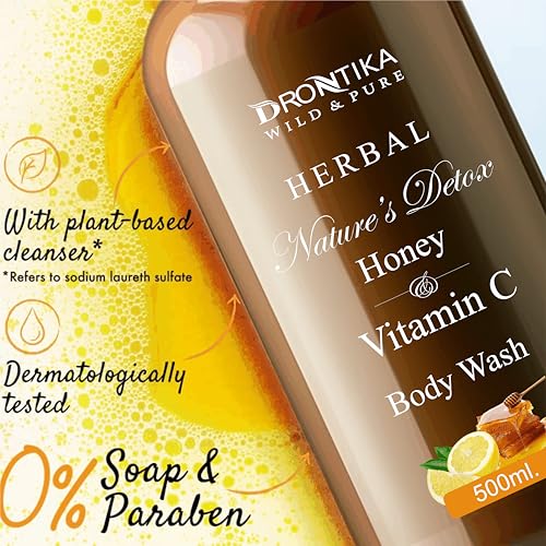Image of Drontika Wild & Pure Nature Detox Body Wash, 1000ml Shower Gel, 100% Natural Lemon & Honey With Citrus Essential Oil & Lemongrass Extracts for pH Balanced, Free of Parabens & Silicones
