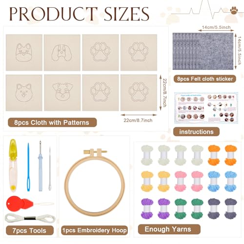 Image of Preboun 8 Pcs Puppy Punch Needle Coaster Kit, Dog Punch Needle Embroidery Kit for Adults Beginners, DIY Felting Set Supplies Tufted Coaster Including Yarns Hoop Tools Instruction