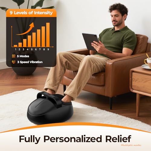 Image of HTM Foot Massager with Heat, 5 Modes & 9-Level Intensity & 3-Speed Vibration, Shiatsu Kneading & Rolling Compression, with Remote & Portable Handle, Fits Up to Men's Size 13, Gift for Women Men