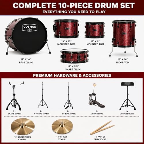 Image of ARCTIC COSMOS 5 Piece Acoustic Drum Set, 22 Inch Full Size Drum Kit with Cymbals, Drum Throne, Hardware & Sticks Complete Drum Set for Beginners, Adults & Professional Drummers (Red)