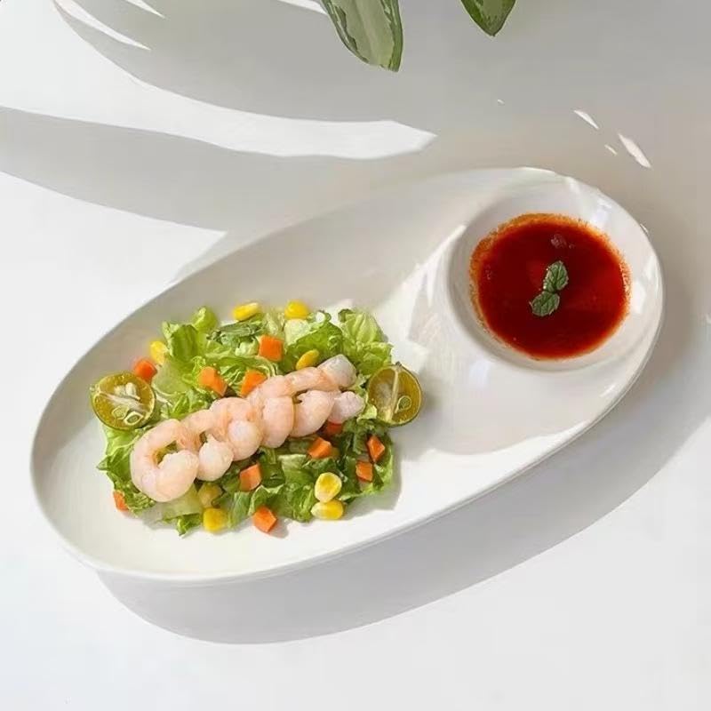 Image of Elegant Oval Melamine Serving Platter with Integrated Sauce Well 13 Inch Set of 1, Chip-Resistant White Appetizer Dish for French Fries, Sushi, and Dumplings