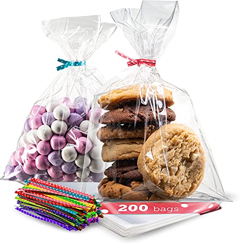 200 Pack Clear Plastic Cellophane Bags - Goodie Bags | 6X10 With 4" Twist Ties | Candy Bags | Cookie Bags | Treat Bags | Clear Gift Bags | Cellophane Treat Bags