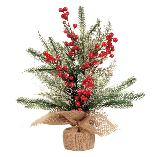 RECUTMS-Tabletop-Mini-Christmas-Tree-Small-Christmas-Tree-with-Lights-for-Table-Faux-Miniature-Xmas-Trees-with-Red-Berries-Burlap-Base-Pine-Branches-Artificial-Trees-Indoor-Home-Decor-Gifts RECUTMS Tabletop Mini Christmas Tree Small Christmas Tree with Lights for Table Faux Miniature Xmas Trees with Red Berries Burlap Base Pine Branches Artificial Trees Indoor Home Decor Gifts