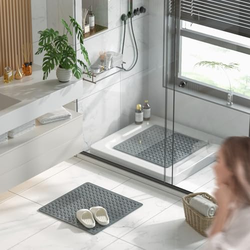Image of HITSLAM Shower Mat Anti Slip, Square Bath Mat for Tub Non Slip with Suction Cups and Drain Holes, 21x21 Inch Bathroom Shower Stall Floor Mat, Machine Washable, Soft on Feet, Dark Grey