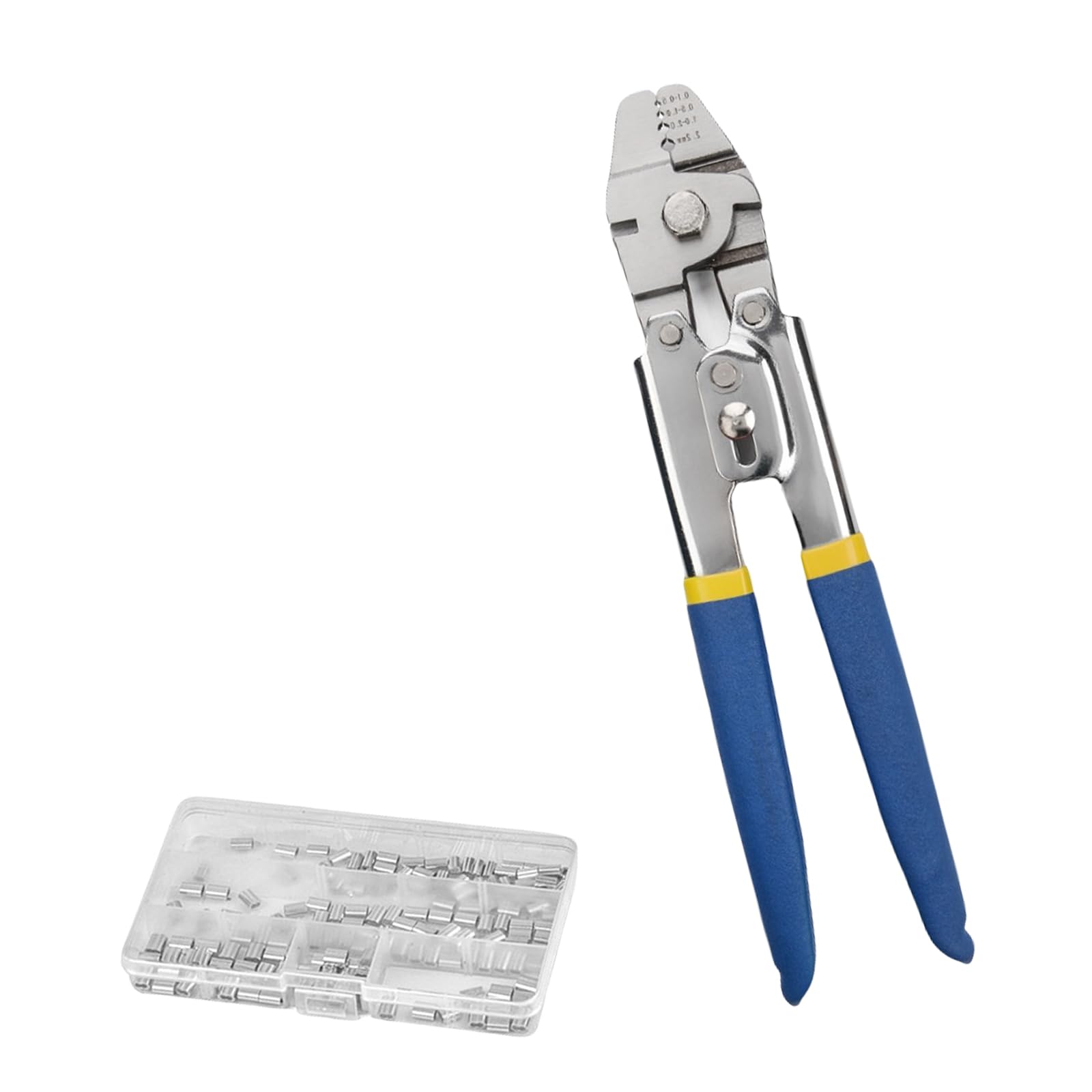 Pinza crimpatrice per funi metalliche, crimpatrice con anelli di crimpatura in alluminio, manicotti e ditali, set di cavi fino a 2,2 mm
