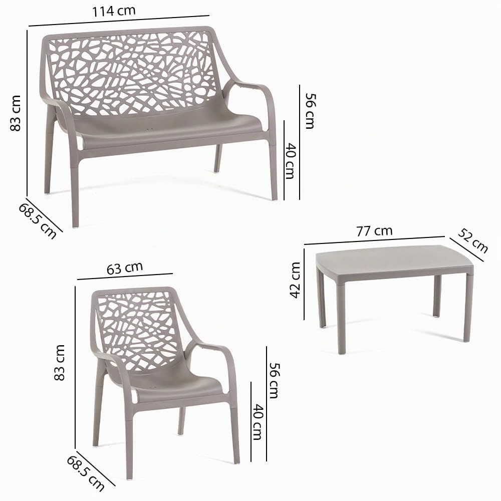 Set / Salón de jardín y exterior en polipropileno con fibra de vidrio de 4 plazas, Sofá de dos plazas, 2 Sillones y Mesita, apilable, impermeable, diseño moderno - Set Maratea (Tortora)