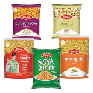 Bikaji Snacks Combo – SOYA STICKS & SALTED PEANUT & BHUJIA & Moong Dal & PUNJABI TADKA | 5 Pack Variety | Bar Snacks, Party Mix & Tea-Time Treats – 1 Kg