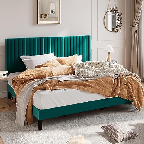 Image of SHA CERLIN King Upholstered Platform Bed Frame with Vertical Channel Tufted Velvet Fabric Adjustable Headboard, Wooden Slats Support, Mattress Foundation, Box Spring Optional, Teal