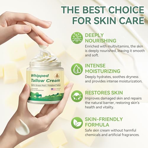 ZIIDII Beef Tallow for Skin, Organic Grass Fed Whipped Beef Tallow Balm Moisturizer Deeply Nourishing for Face & Body, Natural Unscented Tallow Face Moisturizer Cream for Dry Skin, 4oz