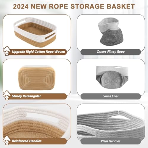 Image of Small Basket with Gift Bags and Ribbons,Small Woven Basket Cute Oval Cotton Rope Gifts with Handle Empty Baby Wicker Storage Basket for Baby Showers Pet Toy Bin (White brown, 3 Pack (12 inchx 8 inchx 5 inch))