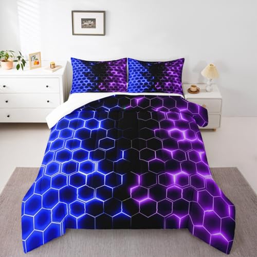 Image of Feelyou Blue Purple Honeycomb Bedding Set Fluorescent Geometric Honeycomb Comforter Set Beehive Hexagon Comforter for Boys Girls Geometric Duvet Set Queen Size Quilt 3Pcs Boys