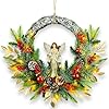 YULETIME 24 Angel Christmas Wreath Artificial Holiday Wreath with Resin Angel Statue Natural Rattan Ring Pine Cones Golden Leaves Red Baubles Spruce Branches Snowy Pine Needles Angel
