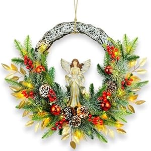 YULETIME 24 Angel Christmas Wreath Artificial Holiday Wreath with Resin Angel Statue Natural Rattan Ring Pine Cones Golden Leaves Red Baubles Spruce Branches Snowy Pine Needles Angel