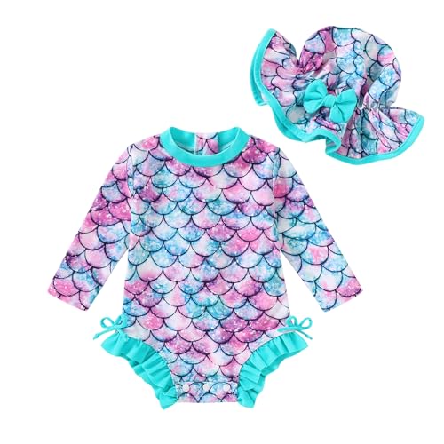Image of Infant Baby Swimsuit Girl Long Sleeve UPF 50+ Sun Protection One-Piece Rash Guard with Hat Zipper Bathing Suit
