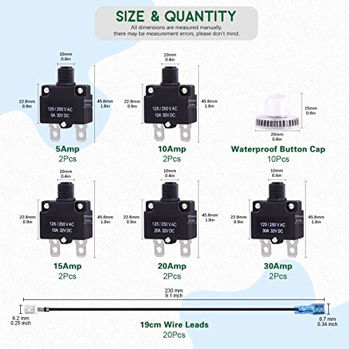 Keadic 40 Pcs 5/10/15/20/30A Push Button Circuit Breaker With Manual Reset Assorted Set Ac125-250V 32Vdc Thermal Circuit Breaker With 19Cm Wire Leads, Female Spade Terminals And Transparent Cap #TOP1