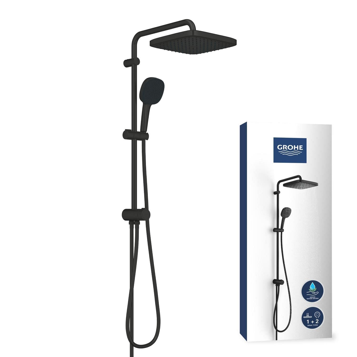 Vitalio Comfort 250 Flex – Exposed Shower System with Diverter (Square 25 cm Head Shower 2 Sprays, 11 cm Hand Shower 2 Sprays, 2 Shower Hoses: 1.25m & 1.5m, Water Saving), Matt Black, 266982431