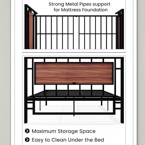 Image of TEKAVO IronOak Double Size Bed | Heavy Duty Iron Bed | Metal and Wood Frame| Modern Bedroom Furniture | Sturdy & Rustproof | Easy Assembly | Rustic Design | Durable & Stylish |