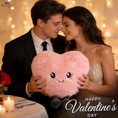 Image of ZEXSAZONE Cute Heart Plush Pillow, Soft Stuffed Heart Shape Cushion Toy, Pink Teddy Pillow for Kids, Girls, Valentine's Day, Birthday Gift, Home & Bedroom Decoration